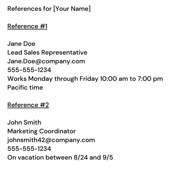 An example professional references sheet for an employer