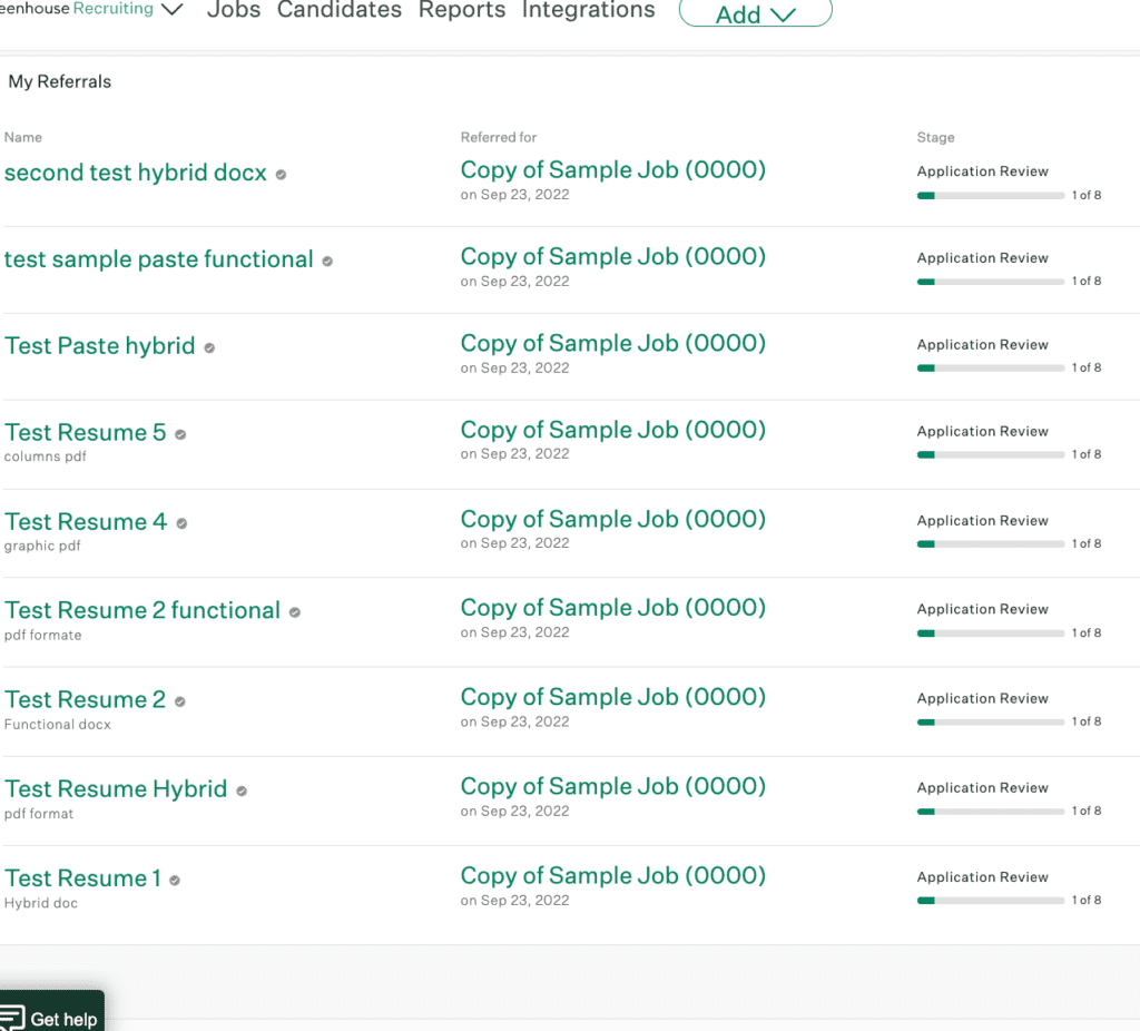 A screenshot of an applicant tracking system showing resumes in chronological order