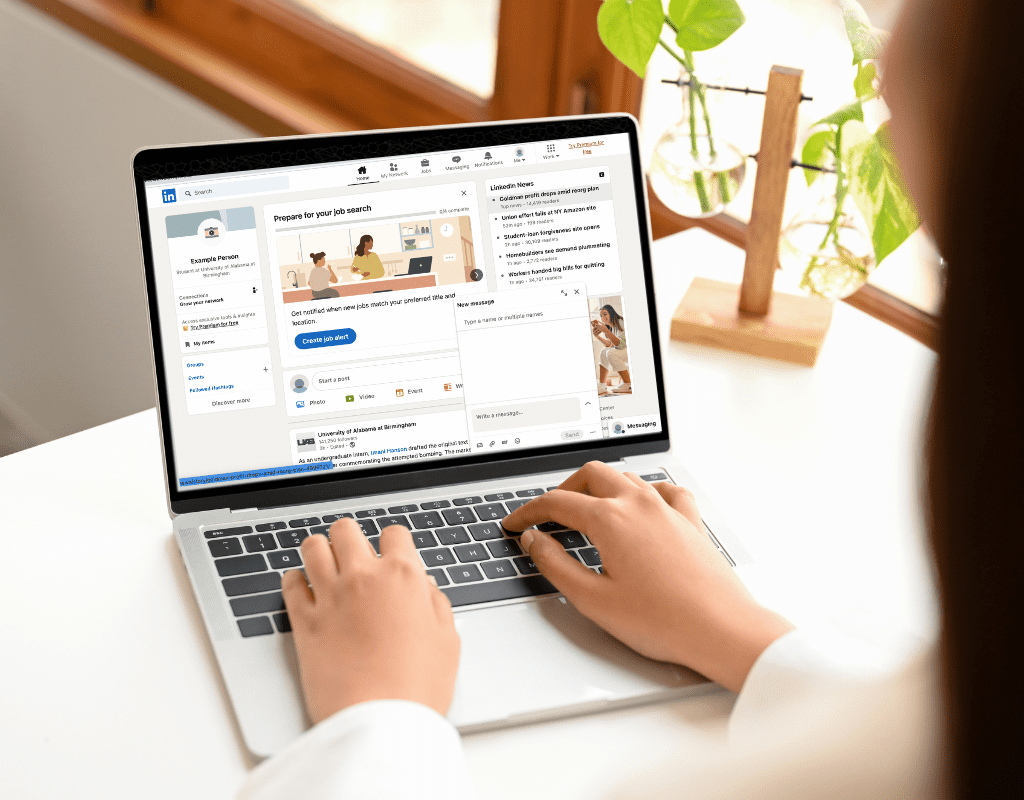 person typing on laptop with LinkedIn home page on screen