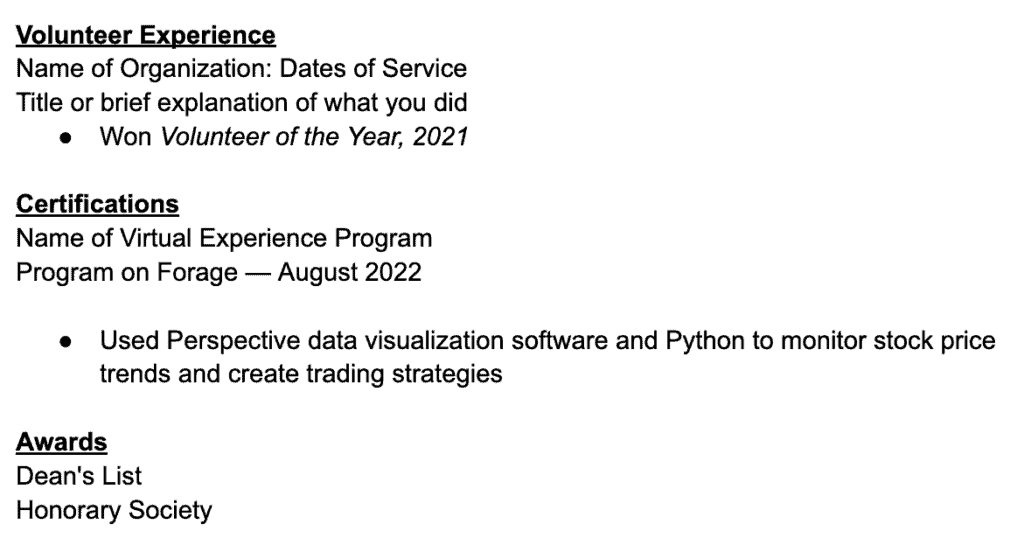 Example of the bottom part of a resume when learning how to write a resume