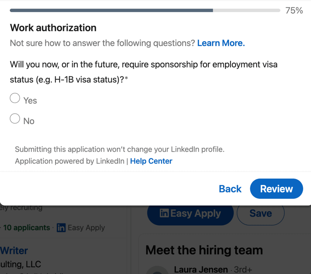 Picture of a LinkedIn Easy Apply Pop up box