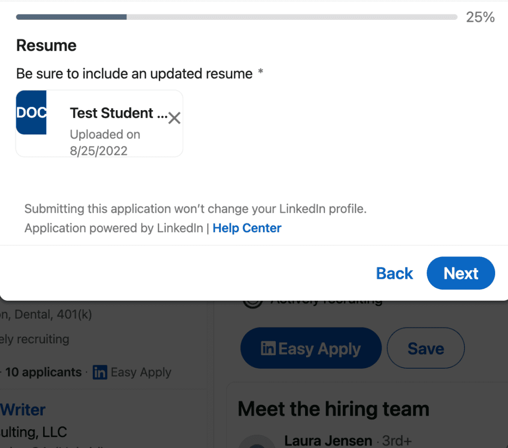 Sample resume request box from LinkedIn Easy Apply