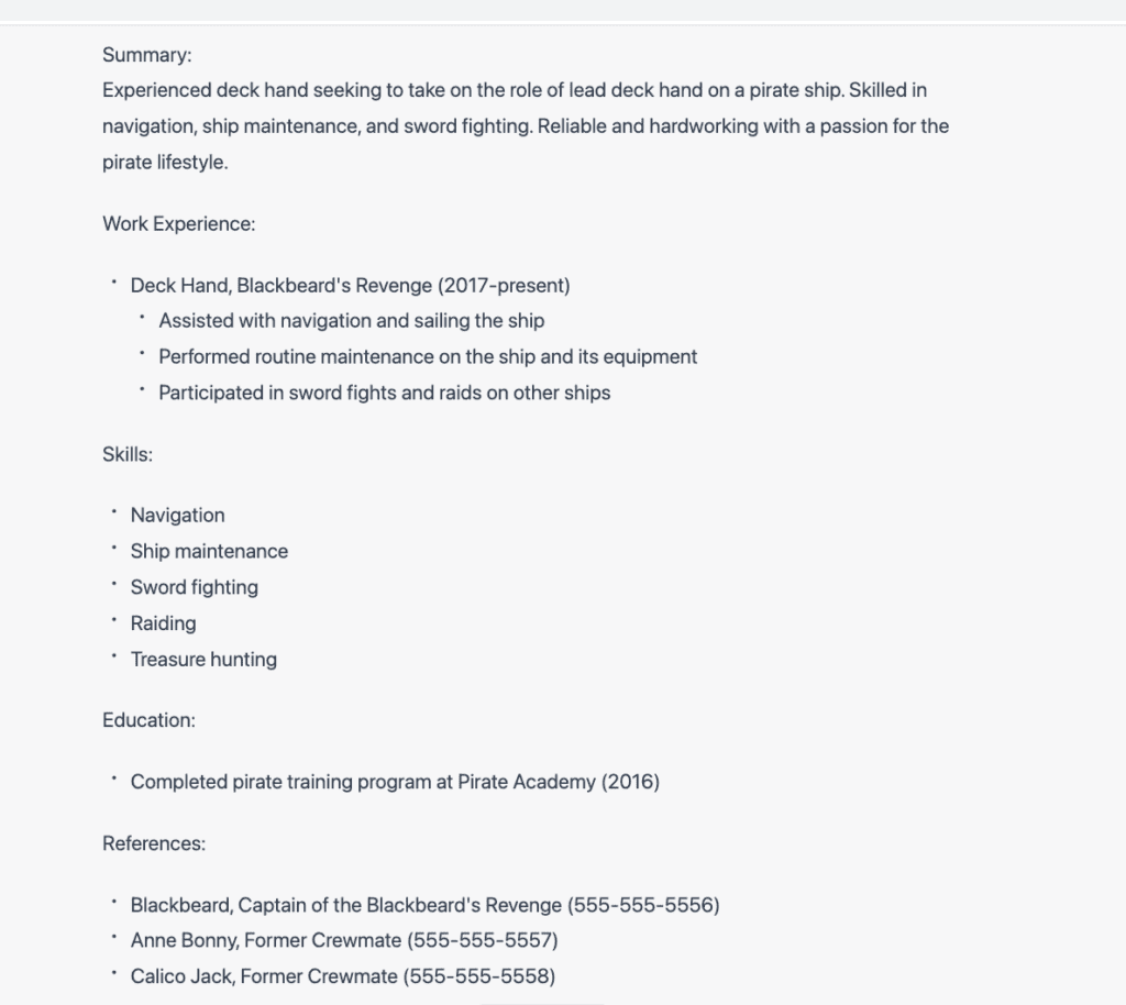 A ChatGPT generated resume for a deck hand on a pirate ship