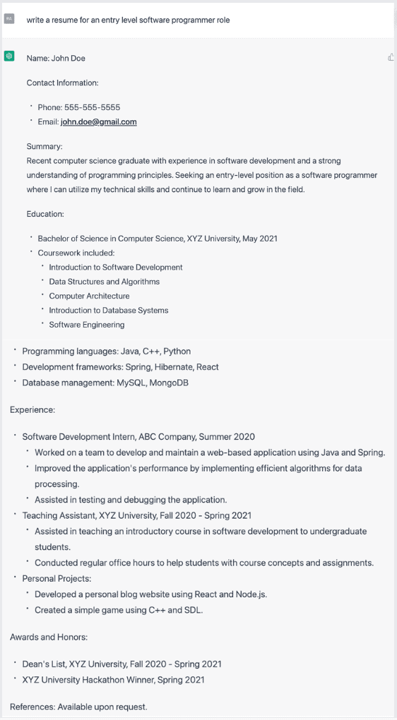 The resume ChatGPT created for an entry-level software programmer candidate