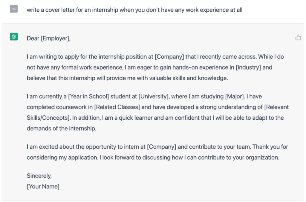 A ChatGPT generated cover letter for when someone has no work experience