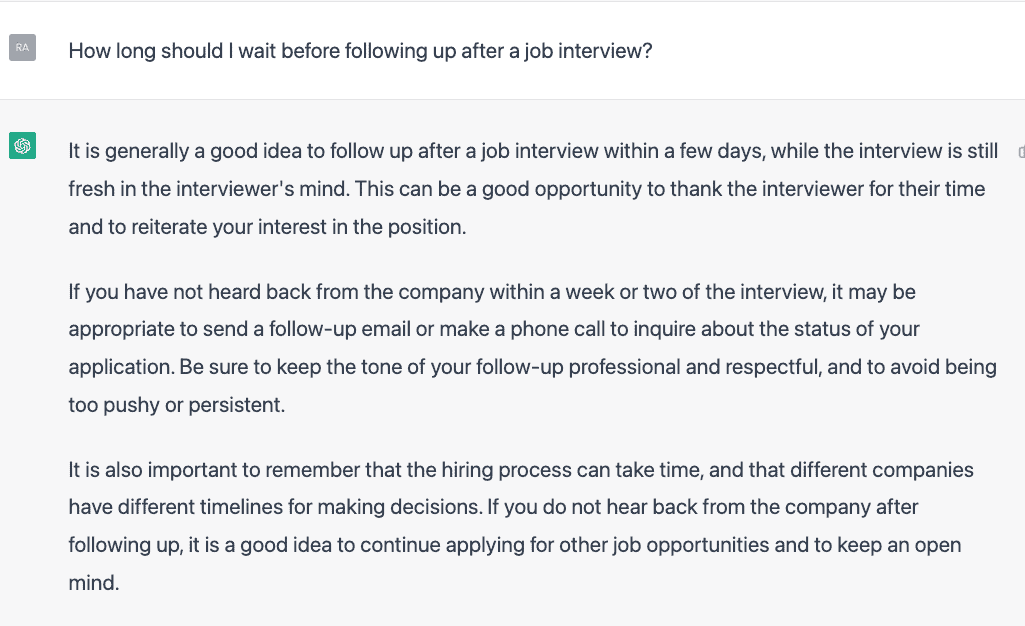 The first time we asked ChatGPT for interview advice on following up after a job interview