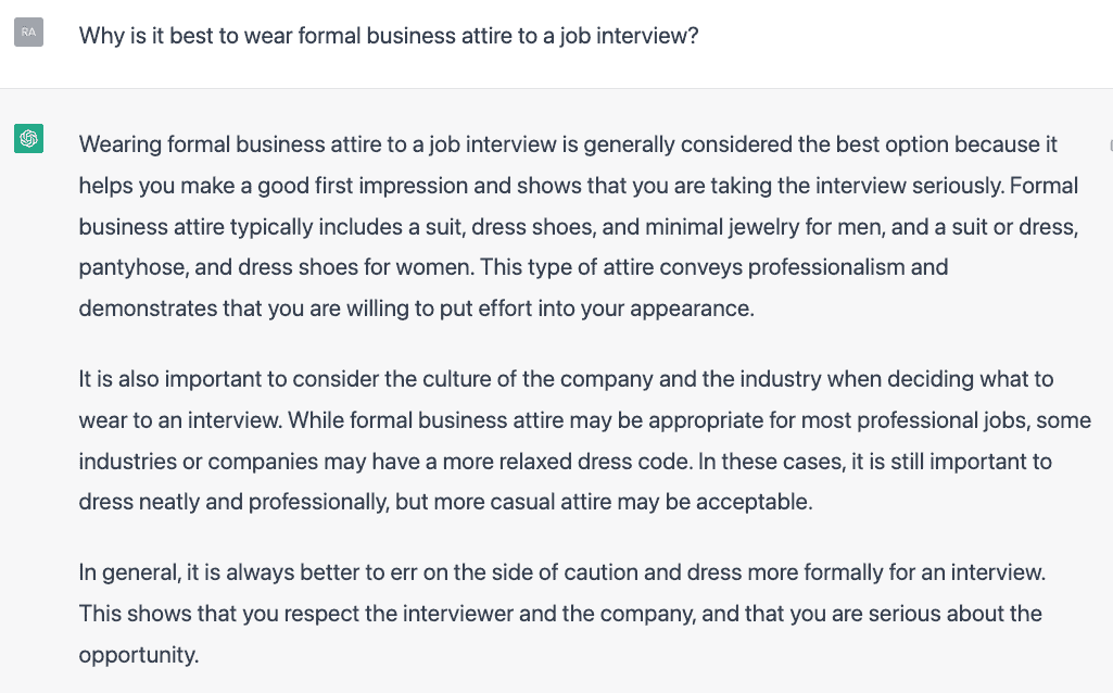 ChatGPT explaining why business attire is important in a job interview