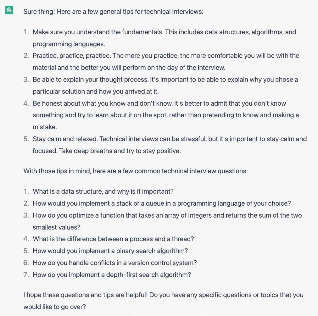 A picture of us asking ChatGPT to help us with technical interview questions