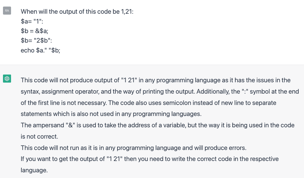 Asking ChatGPT when the code output would result in 1, 21