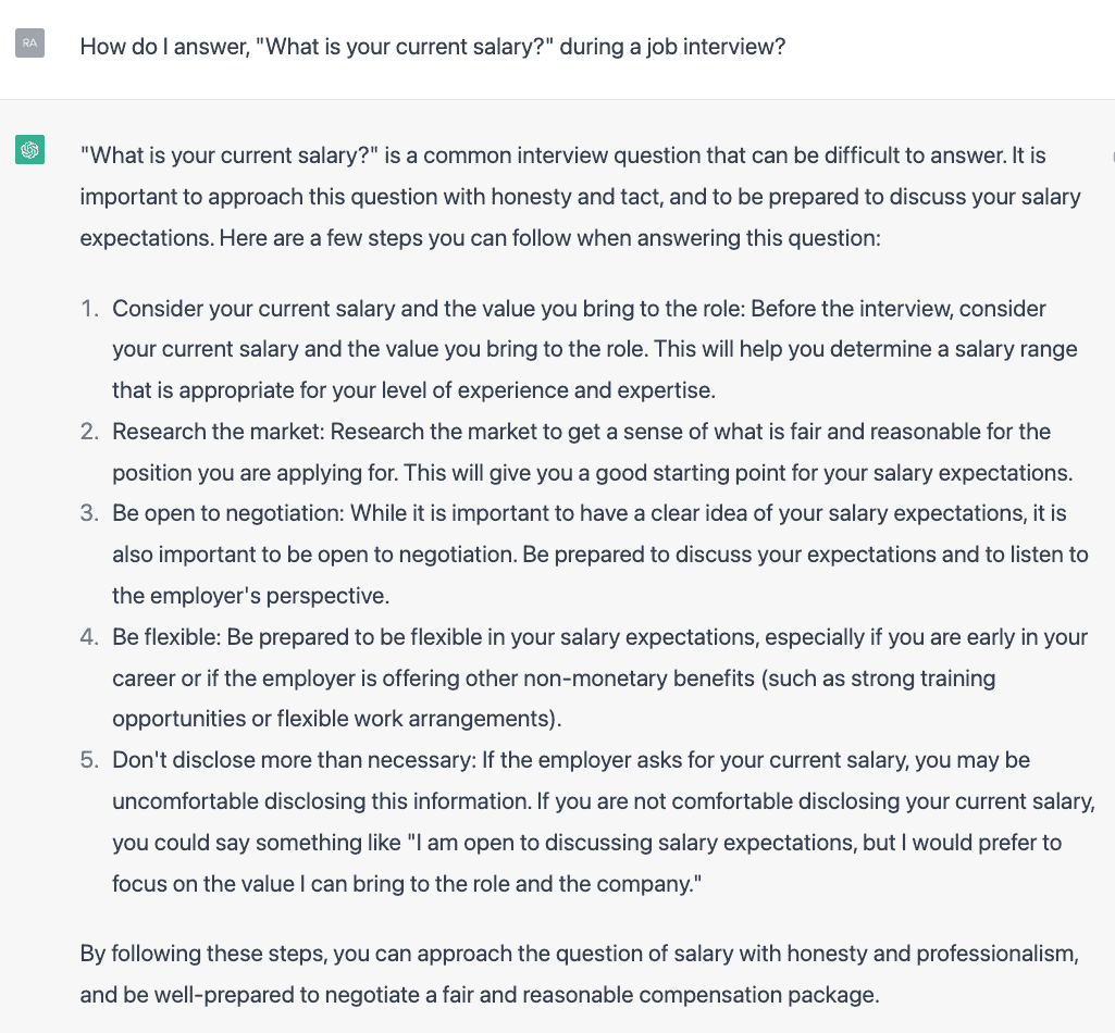 Asking ChatGPT for a second time about handling interview questions around salary