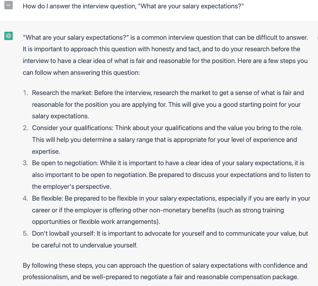 ChatGPT's interview advice for answering questions about salary expectations