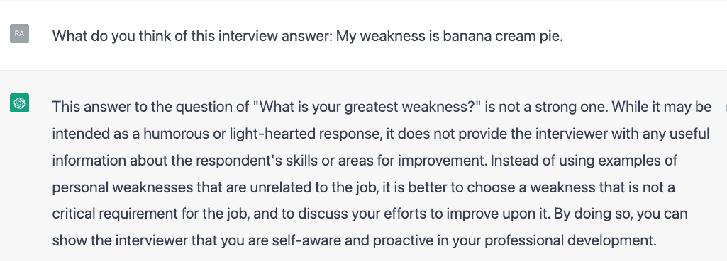 ChatGPT evaluating a humorous answer to an interview question 