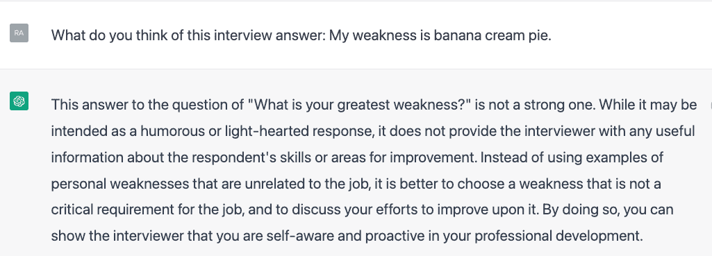 ChatGPT evaluating a humorous answer to an interview question