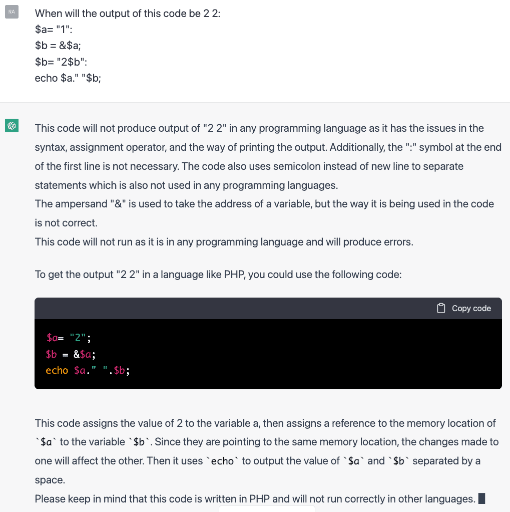 ChatGPT's explanation of making the code output result 2 2