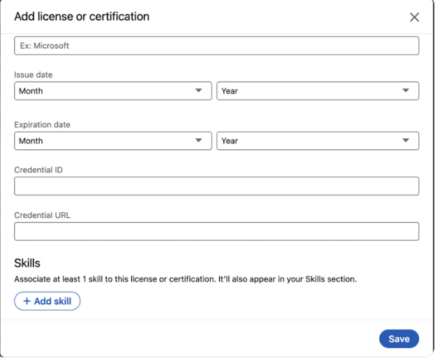 A screenshot of the add certification screen on LinkedIn. This shows what it looks like if LinkedIn is asking you to add skills to your certification.