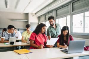 College students working on an assignment during class