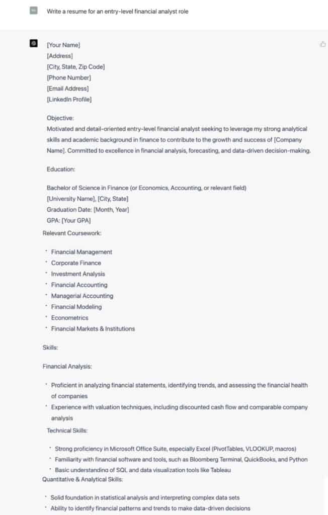 Entry-level financial analyst resume from ChatGPT-4 page 1