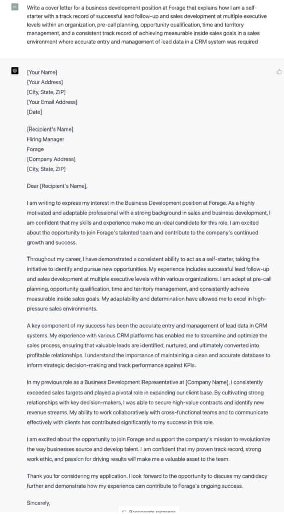 ChatGPT-4's cover letter for a business development role at Forage