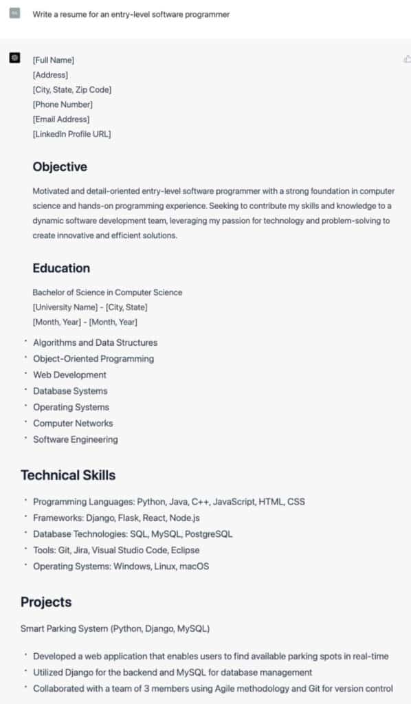 ChatGPT-4's entry level programmer resume page 1
