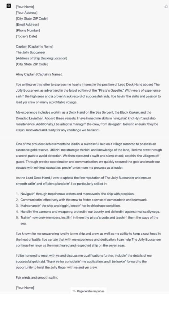 ChatGPT-4's rewrite of the deckhand cover letter