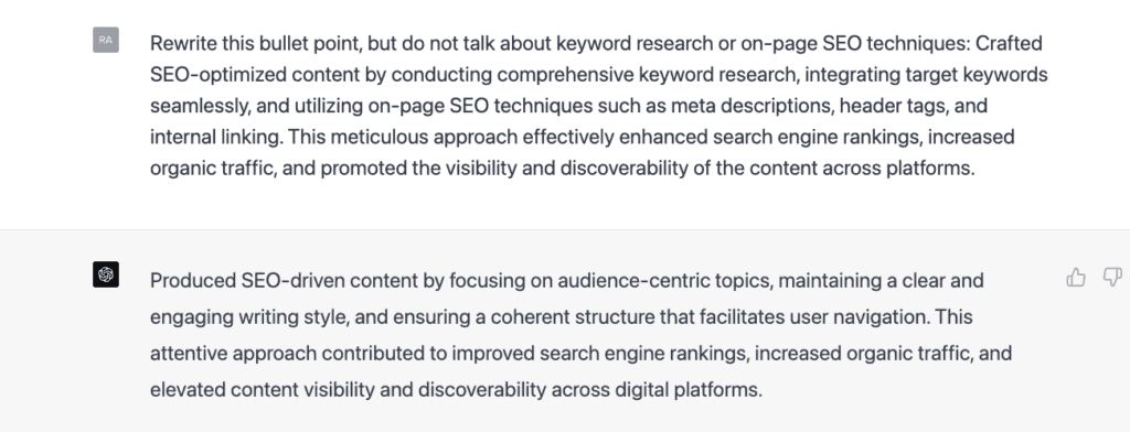 ChatGPT-4's second attempt at rewriting a bullet point about SEO writing