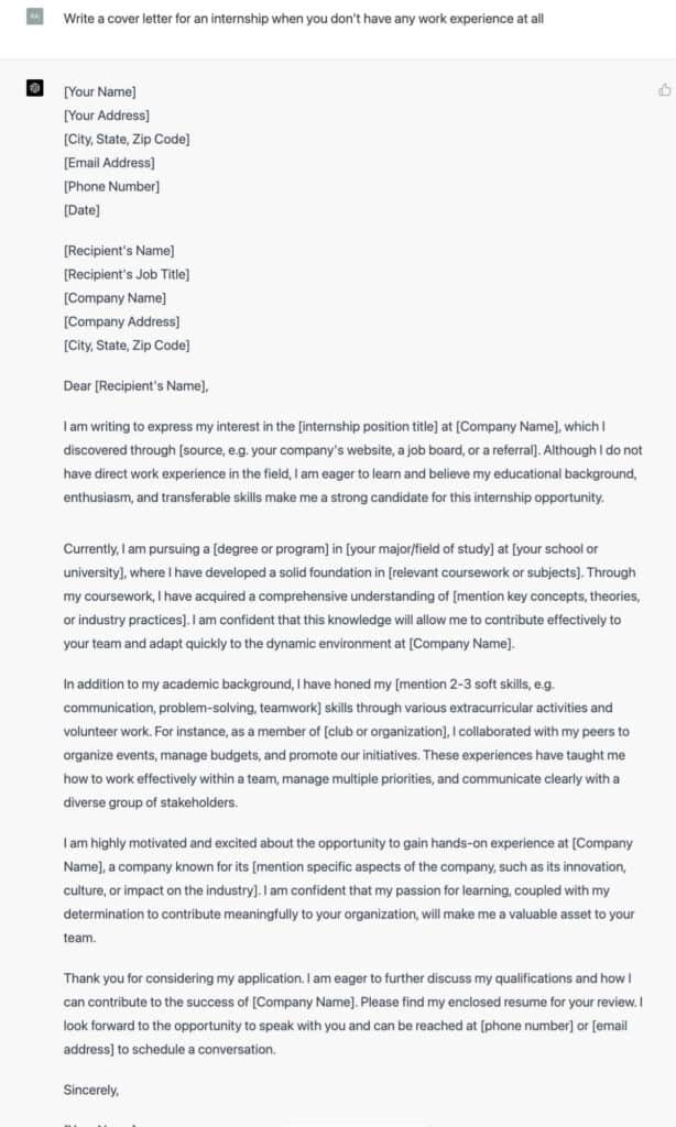 ChatGPT-4's cover letter for someone with no work experience