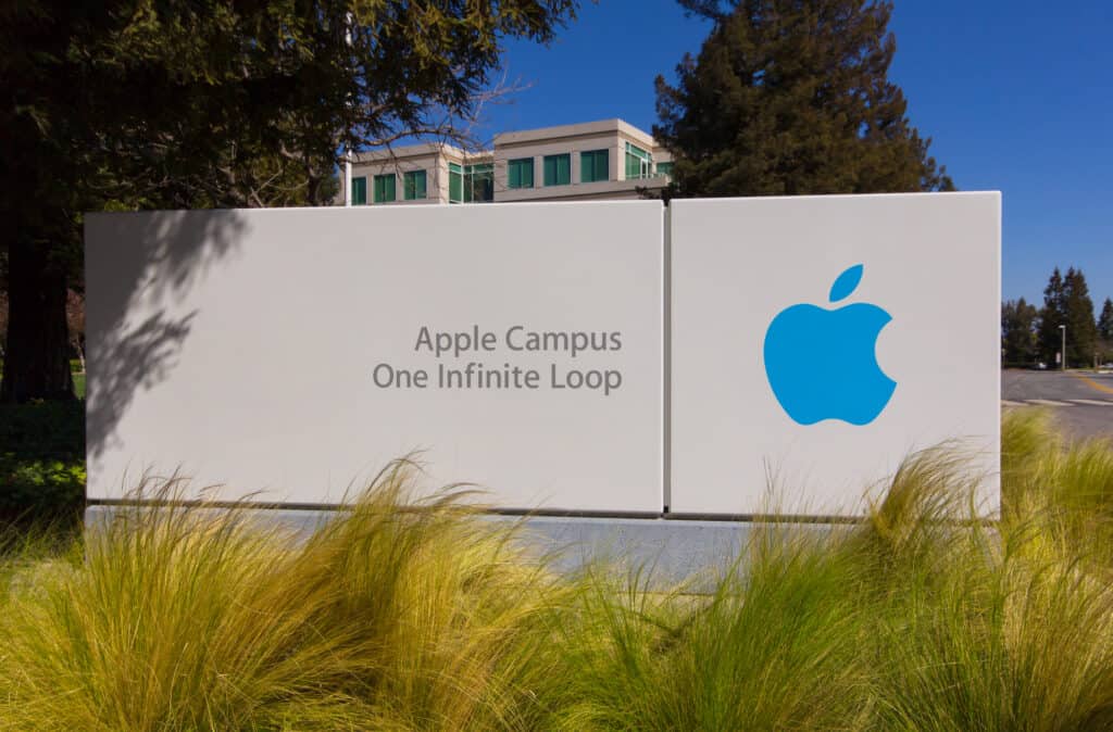A picture of the Apple logo and addresses for people working at Apple