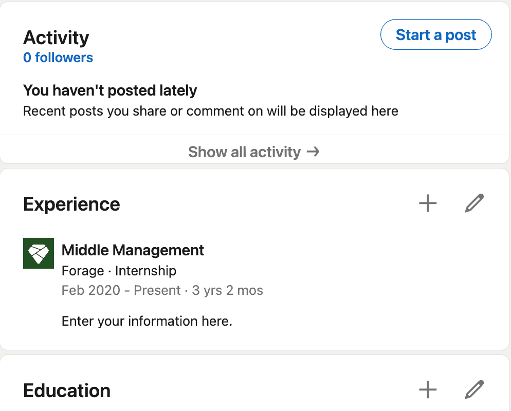 The experience section of your LinkedIn profile before adding your promotion