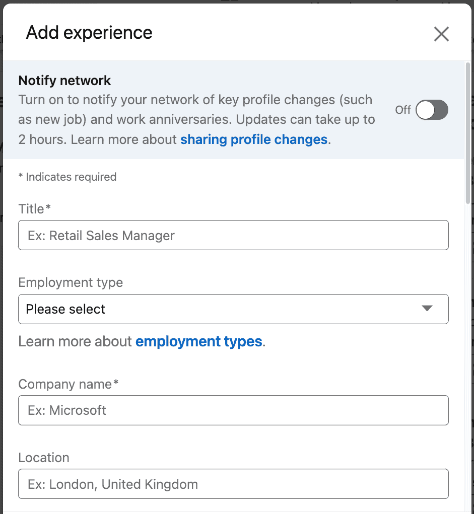 The add experience screen