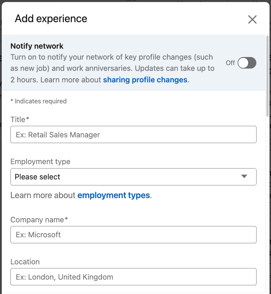 The update experience screen on LinkedIn