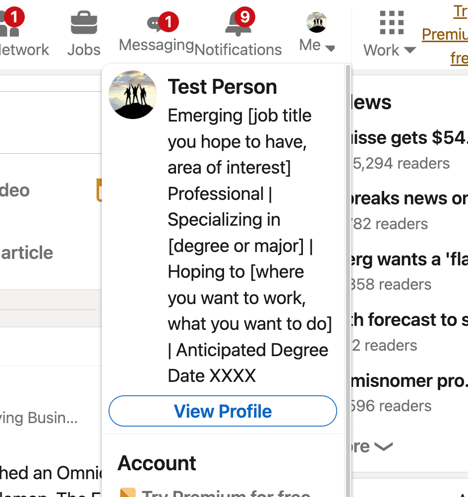 A screenshot showing you how to navigate to your LinkedIn profile