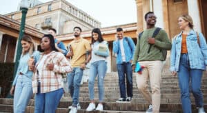 College students walking together on a college campus