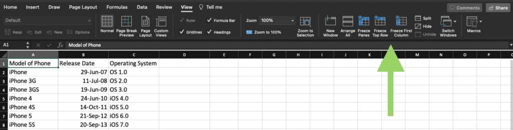 Freeze columns or rows