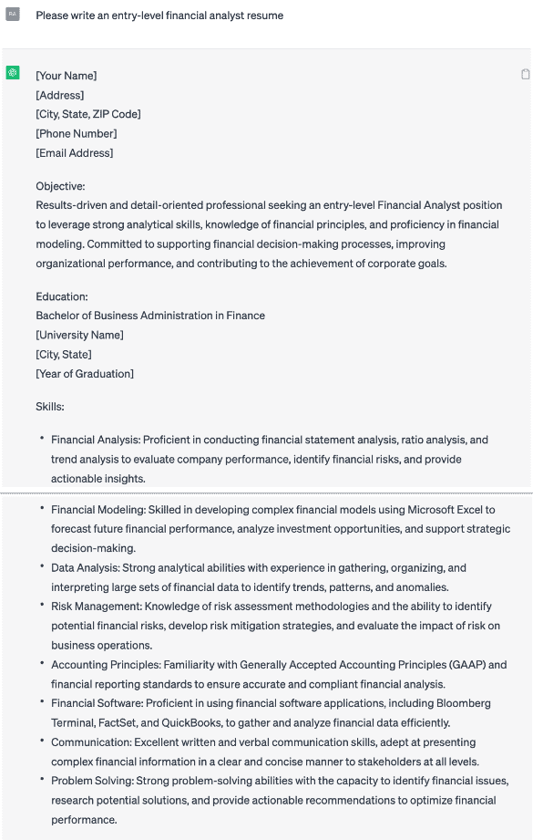 Page 1 of the financial analyst resume ChatGPT generated