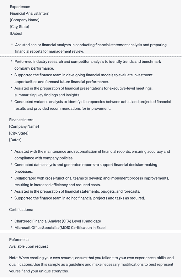 Page 2 of the financial analyst resume ChatGPT generated