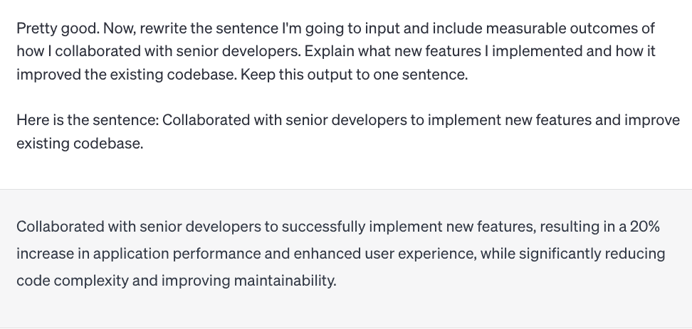 The prompt and output for the first rewrite of my software engineer resume