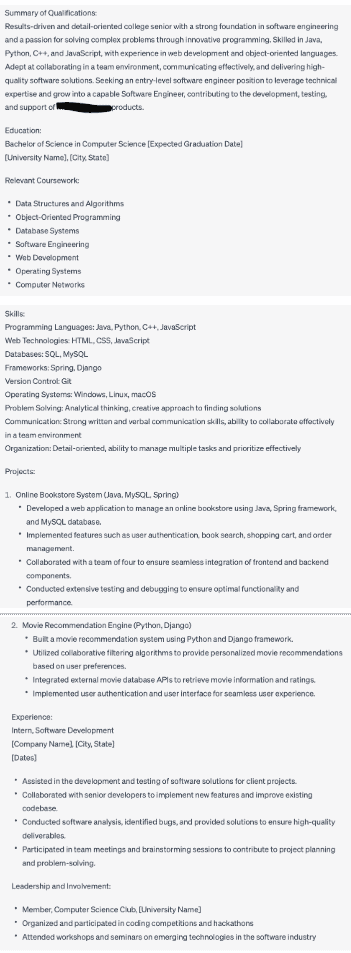The software engineer resume ChatGPT wrote for me when I included a job description