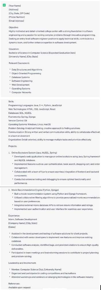 ChatGPT's first version of a software engineer resume
