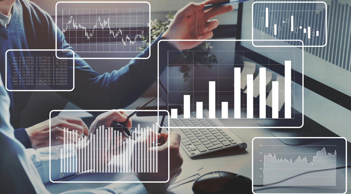 graphs overlayed on image of someone at a laptop