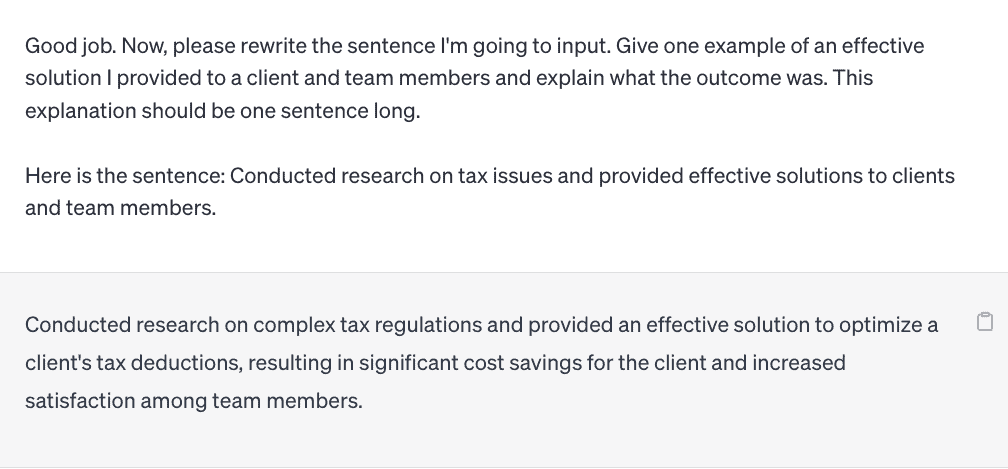 ChatGPT's rewrite of an accountant resume bullet point