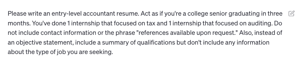 The first prompt I used when asking ChatGPT to write my accountant resume