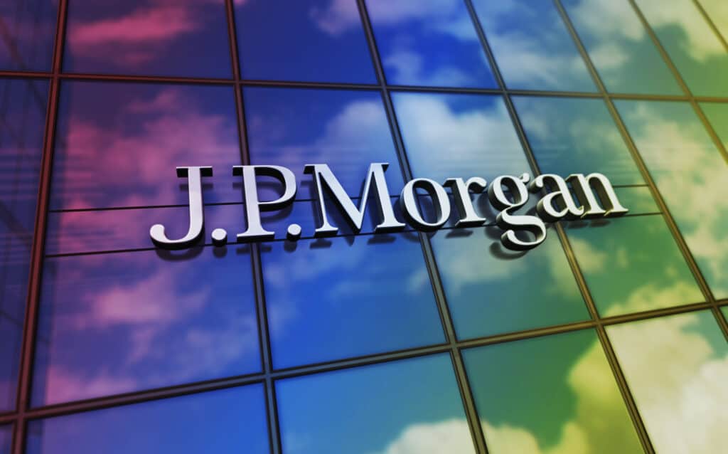 J.P.Morgan bank corporation headquarters glass building concept. JP Morgan banking company symbol on front facade 3d illustration.