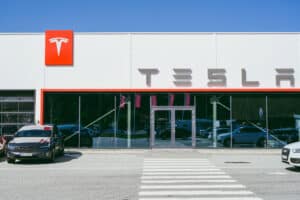 tesla logo on flagship store